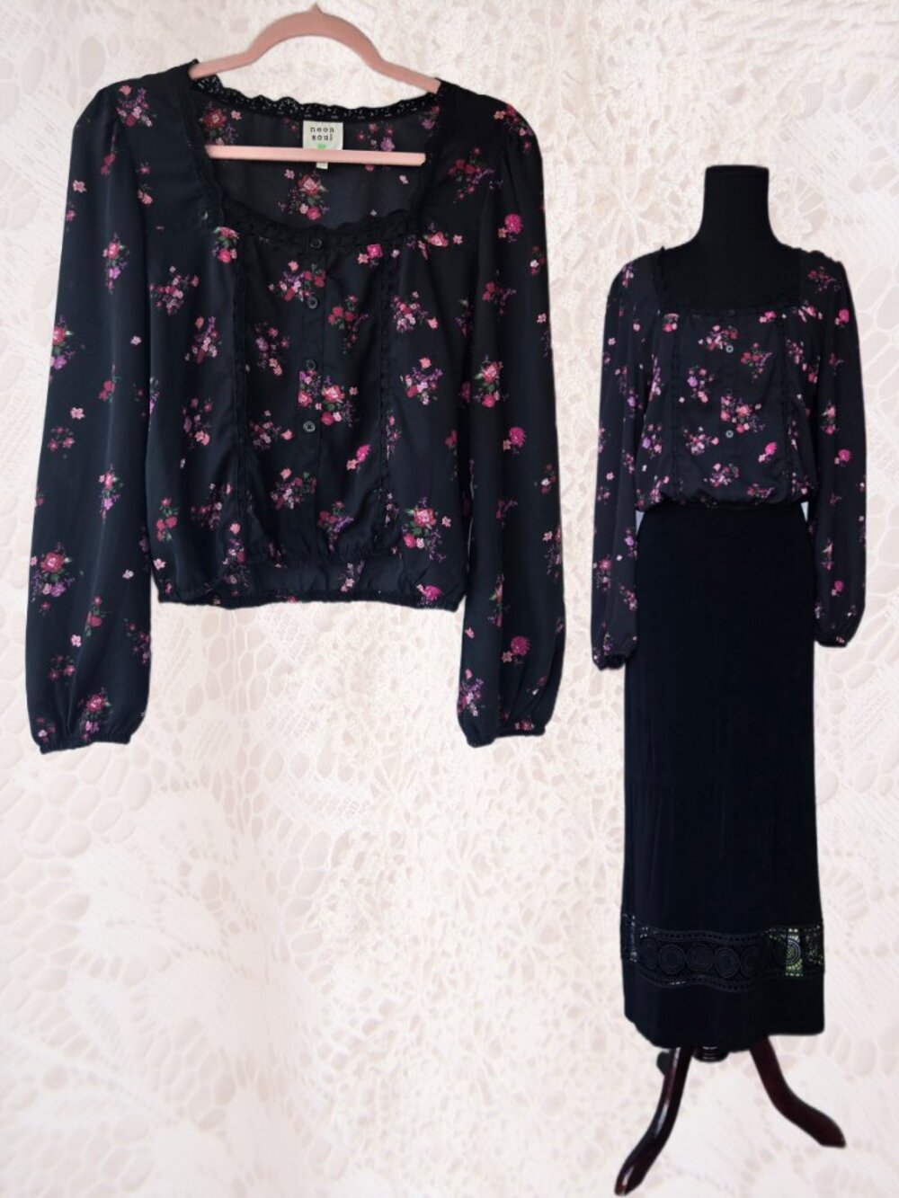 Neon Soul Victorian-Style Black Floral Print Long Sleeve Blouse Romantic Cottage